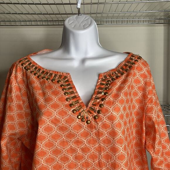 dei Women's Orange Moroccan Tile Beaded Tunic Top Size M‎ Boho Gypsy Art To Wear - Picture 7 of 10
